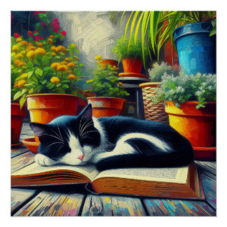 Tuxedo Katze Schlafen auf einem Buchgarten Malerei Poster