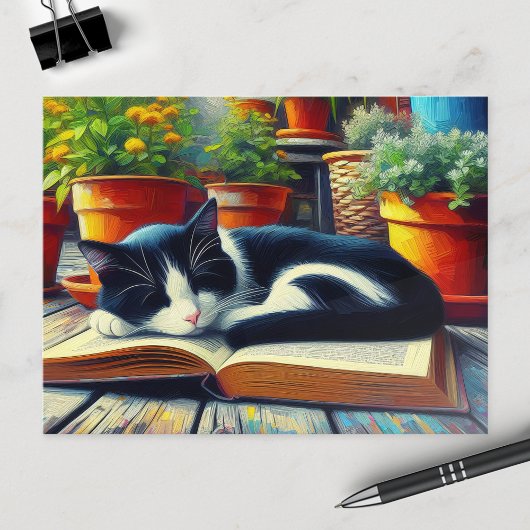 Tuxedo Katze Schlafen auf einem Buchgarten Malerei Postkarte