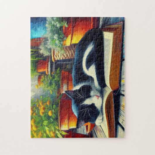 Tuxedo Katze Schlafen auf einem Buchgarten Malerei Puzzle (Vertikal)