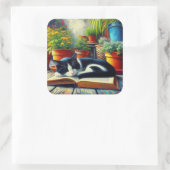 Tuxedo Katze Schlafen auf einem Buchgarten Malerei Quadratischer Aufkleber (Tasche)