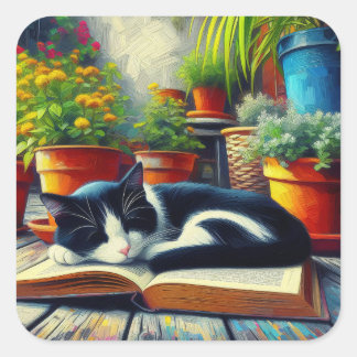 Tuxedo Katze Schlafen auf einem Buchgarten Malerei Quadratischer Aufkleber