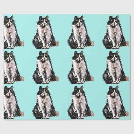 Tuxedo Katze Schwarz-Weiß Katzen Aqua Türkis Geschenkpapier (Flach)
