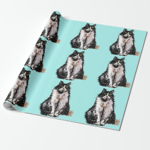 Tuxedo Katze Schwarz-Weiß Katzen Aqua Türkis Geschenkpapier