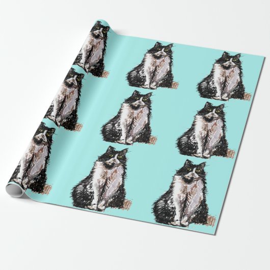 Tuxedo Katze Schwarz-Weiß Katzen Aqua Türkis Geschenkpapier (Ungerollt)
