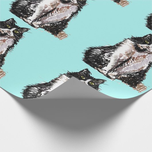 Tuxedo Katze Schwarz-Weiß Katzen Aqua Türkis Geschenkpapier (Ecke)