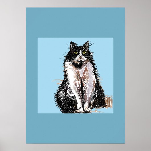 Tuxedo Katze Schwarz-weiß Katzen Blaues Plakat (Vorne)