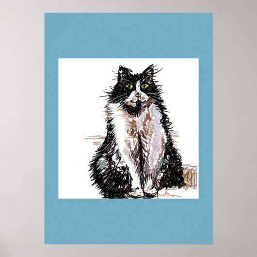 Tuxedo Katze Schwarz-weiß Katzen Blaues Plakat (Vorne)