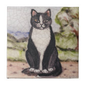 Tuxedo Katze Schwarz & Weiß Landschaft Antike Vint Fliese (Vorderseite)