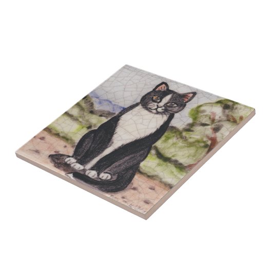 Tuxedo Katze Schwarz & Weiß Landschaft Antike Vint Fliese (Seite)