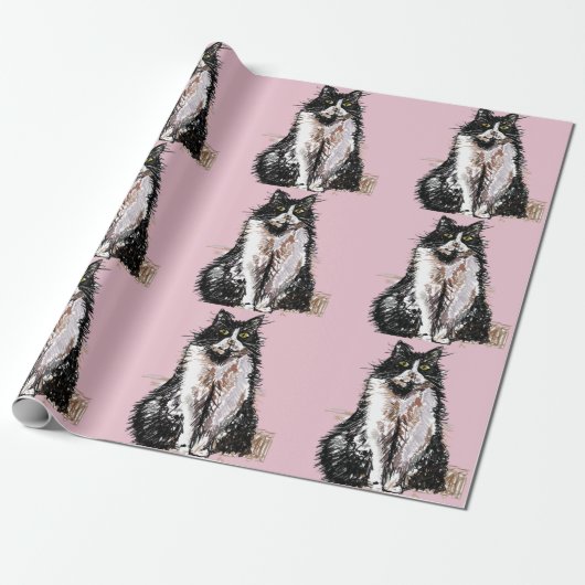 Tuxedo Katze Schwarze und weiße Katzen Baby Pink Geschenkpapier (Ungerollt)