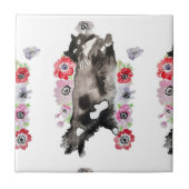 Tuxedo Katze Schwarze und weiße Katzen Blumenrosa  Fliese (Vorderseite)
