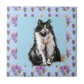 Tuxedo Katze Schwarze und Weiße Katzen Happy Tile Fliese (Vorderseite)