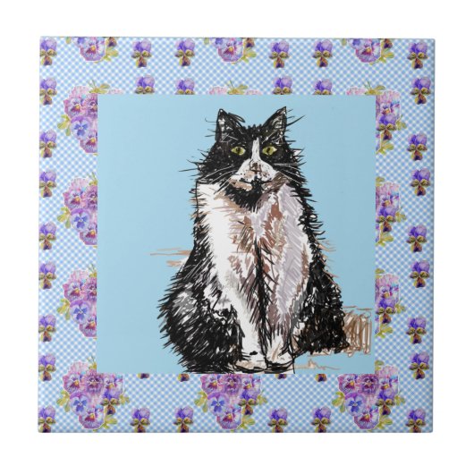 Tuxedo Katze Schwarze und Weiße Katzen Happy Tile Fliese (Vorderseite)