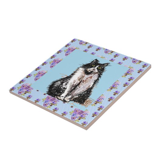 Tuxedo Katze Schwarze und Weiße Katzen Happy Tile Fliese (Seite)