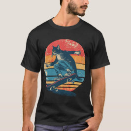 Tuxedo-Katze Skateboarder Retro 70er 80er Sonnenun T-Shirt