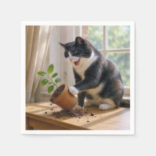 Tuxedo Katze Toppla Pflanze eines gepolsterten Hau Serviette