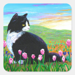 Tuxedo-Katze Tulpen Creationarts Quadratischer Aufkleber