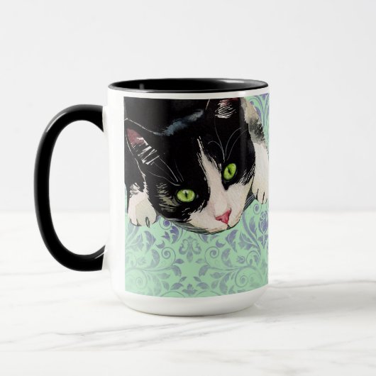 Tuxedo Katze und Schwarze Katze auf Damaskus Print Tasse (Links)
