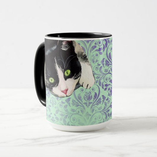 Tuxedo Katze und Schwarze Katze auf Damaskus Print Tasse (Vorderseite Links)