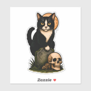 Tuxedo-Katze und Totenschädel – Süßes Gothic-Fried Aufkleber