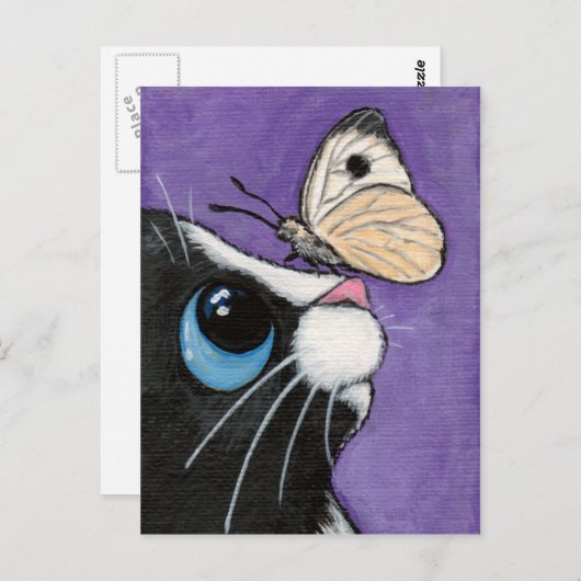 Tuxedo Katze und White Butterfly Malerei Postkarte (Vorne/Hinten)