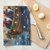 Tuxedo-Katze-Weihnachtsboot-Feier Geschirrtuch (Viertel Falte)