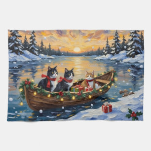 Tuxedo-Katze-Weihnachtsboot-Feier Geschirrtuch