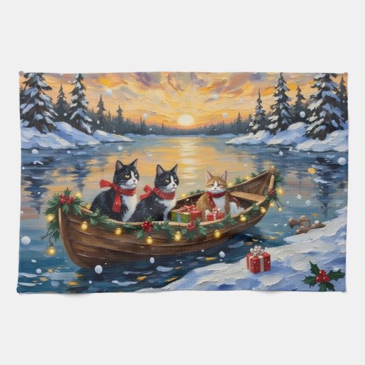 Tuxedo-Katze-Weihnachtsboot-Feier Geschirrtuch (Horizontal)