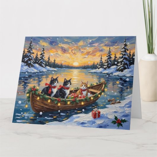 Tuxedo-Katze Weihnachtsboot Urlaub Karte (Vorderseite)