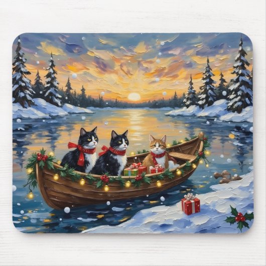 Tuxedo-Katze Weihnachtsboot Urlaub Mousepad (Vorne)