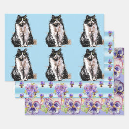 Tuxedo Katzen Blaue Blume Aquarellmalerei Geschenkpapier Set