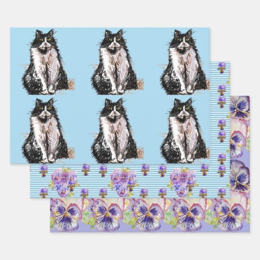 Tuxedo Katzen Blaue Blume Aquarellmalerei Geschenkpapier Set (Set)