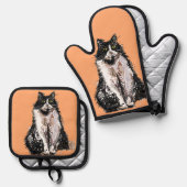 Tuxedo Katzen Niedliche Katzen Schwarz-weiß Pastel Ofenhandschuh & Topflappen-Set (Vorderseite/Rückseite)