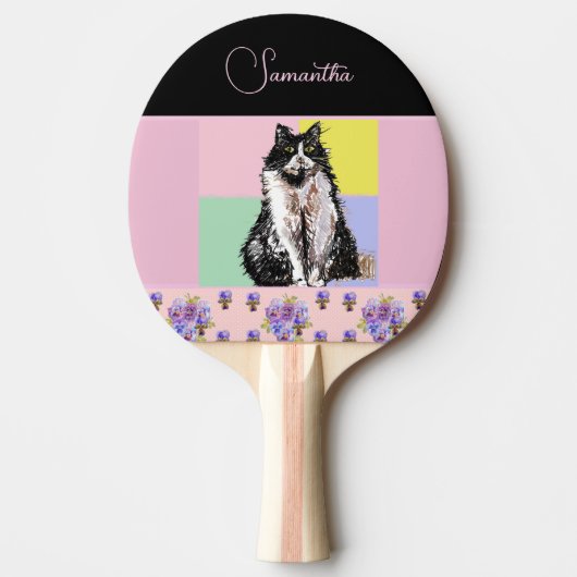 Tuxedo Katzen Pastellfarbene, rosa Mädchen Tischtennis Schläger (Vorderseite)