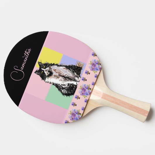 Tuxedo Katzen Pastellfarbene, rosa Mädchen Tischtennis Schläger (Seitenansicht)