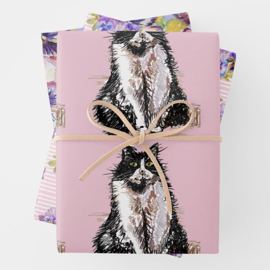 Tuxedo Katzen Rosa Blume Aquarellmalerei Geschenkpapier Set (Beispiel)