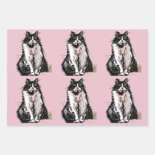Tuxedo Katzen Rosa Blume Aquarellmalerei Geschenkpapier Set (Vorderseite)