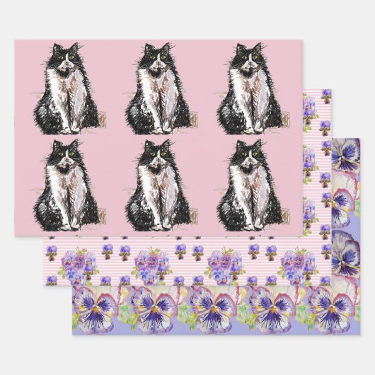 Tuxedo Katzen Rosa Blume Aquarellmalerei Geschenkpapier Set (Set)