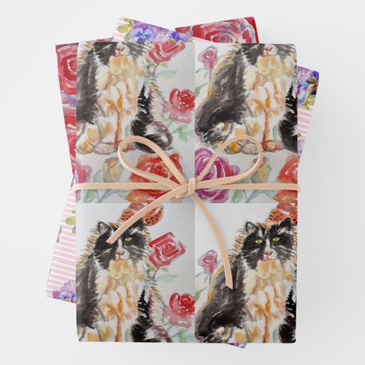 Tuxedo Katzen Rosa Blume Aquarellmalerei Geschenkpapier Set (Beispiel)