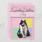 Tuxedo Katzen Rosa Geburtstagsparty Einladung (Vorne/Hinten)