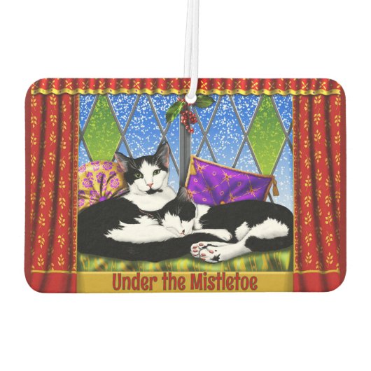 Tuxedo Katzen unter Mistletoe Personalisiert Autolufterfrischer (Rückseite)