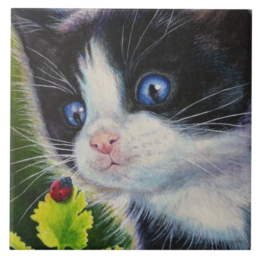 Tuxedo Kitten & Ladybug Wasserfarben Kunst & Kultu Fliese (Vorderseite)