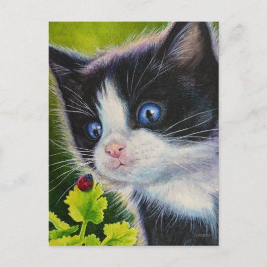Tuxedo Kitten & Ladybug Wasserfarben Kunst & Kultu Postkarte (Vorderseite)