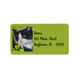 Tuxedo Kitten & Ladybug Watercolor Art Label Adressaufkleber