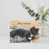 Tuxedo Kitten Tinsel und Lights Christmas Postard Postkarte (Stehend Vorderseite)