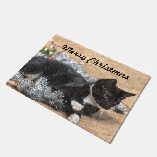 Tuxedo Kitten Tinsel und Lights Door Mat Fußmatte (Schrägansicht)