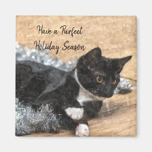 Tuxedo Kitten Tinsel und Lights Magnet