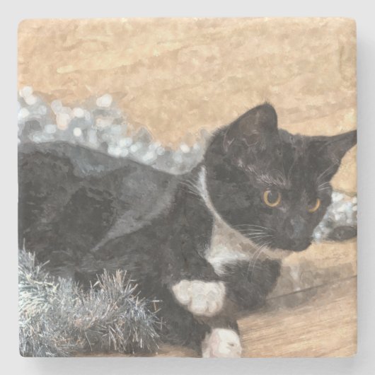 Tuxedo Kitten Tinsel und Lights Painterly Steinuntersetzer (Vorderseite)