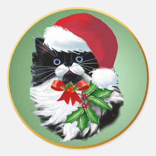 Tuxedo Kitty zu Weihnachten Runder Aufkleber (Vorderseite)