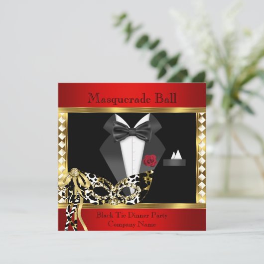 Tuxedo Red Gold Black Krawatte Masquerade Ball Einladung (Stehend Vorderseite)